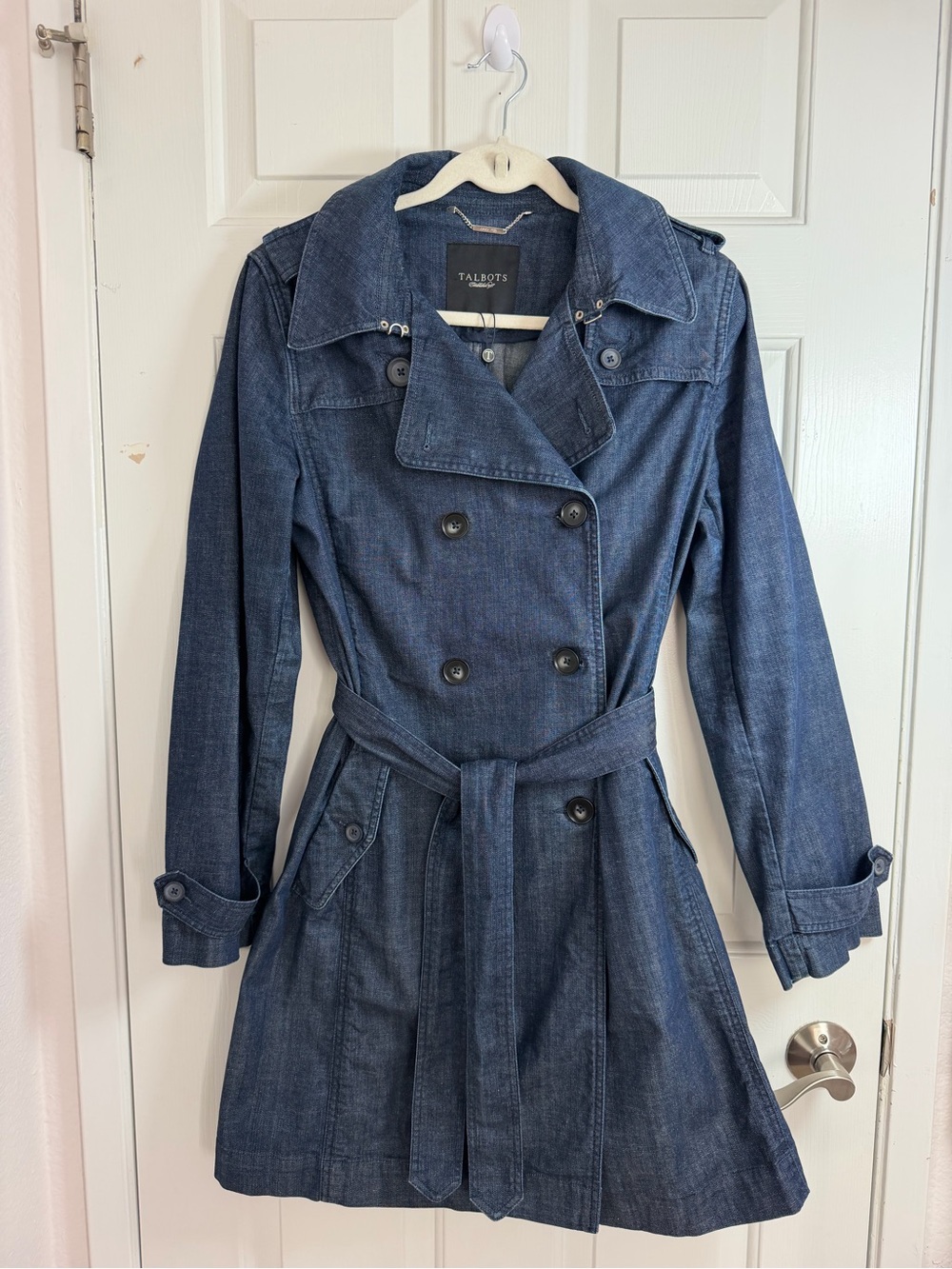 Talbots Denim Double-Breasted Trench Coat in Dark Blue Size 10